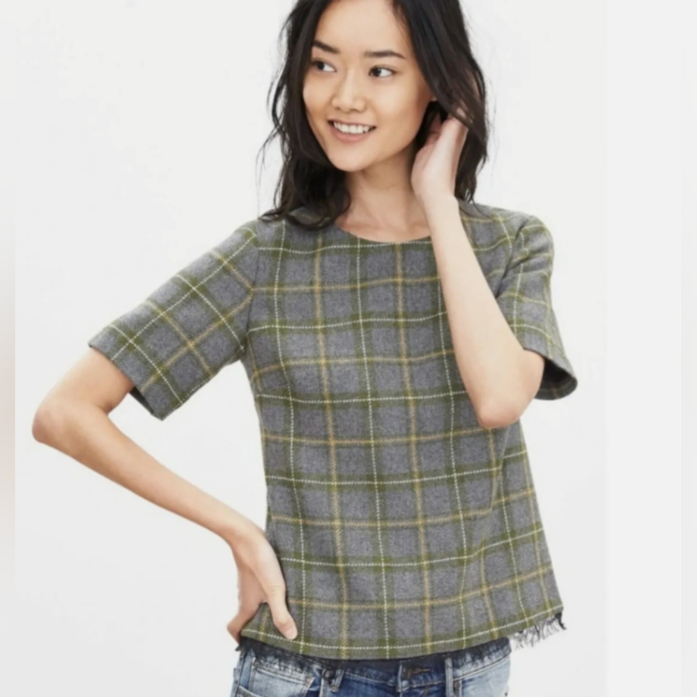 Banana Republic plaid lace-trim tweed top